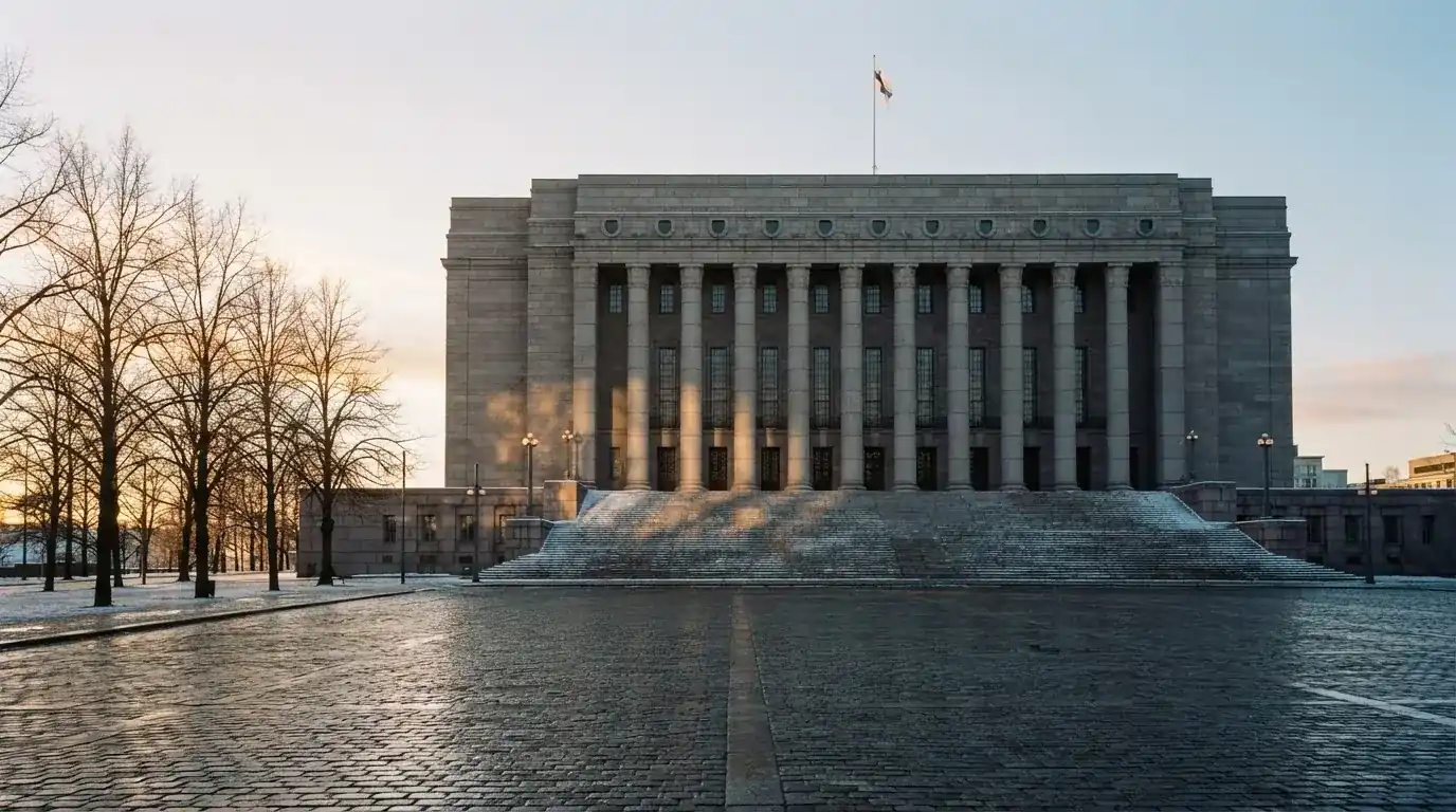 Kivinen valtionhallinnon julkisivu Helsingissä aamunkoitteessa, korkeat pylväät ja tyhjä aukio edessä — kaikki suomalaiset nettikasinot