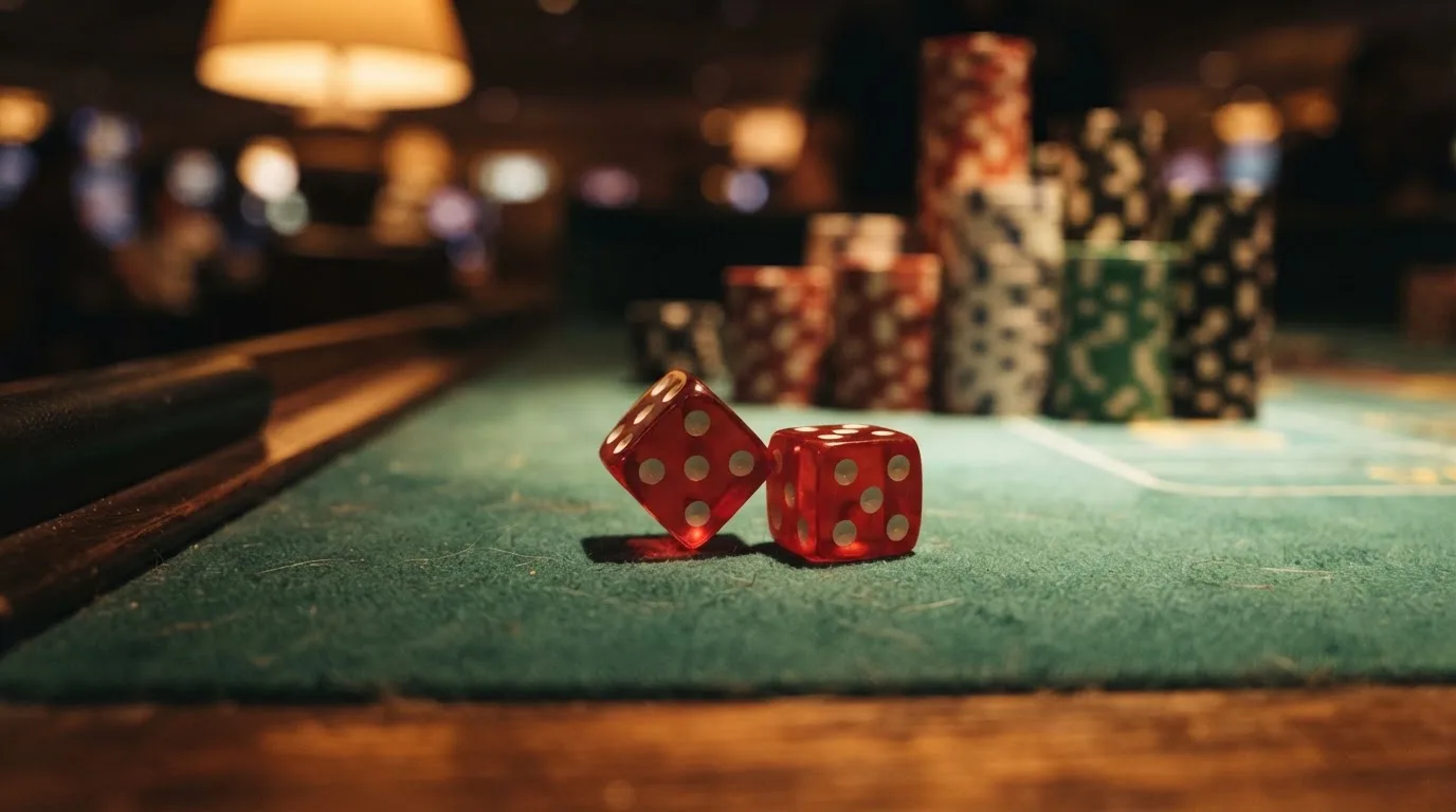 Punaiset nopat lepäävät vihreällä huovalla, taustalla sumeita pelimerkkitorneja iltahämärässä — kolikkopelit casino pelit