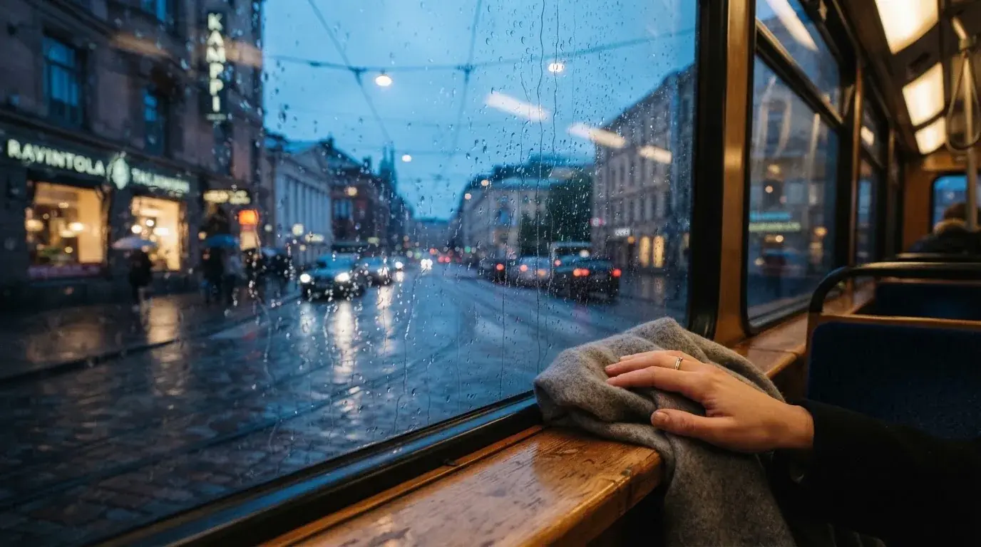 Sadepisaroita raitiovaunun ikkunassa, takana hämärtyvä katu ja kädessä pehmeä villahuivi — luotettava nettikasino kokemuksia
