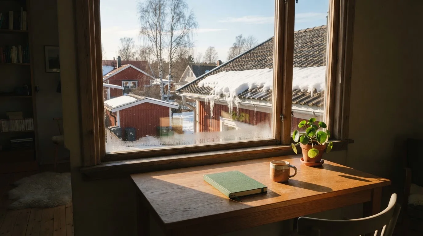 Toimistohuoneen ikkunasta näkyy maaliskuun aamu, lumi sulaa katolla auringonpaisteessa hiljaisella aamulla.