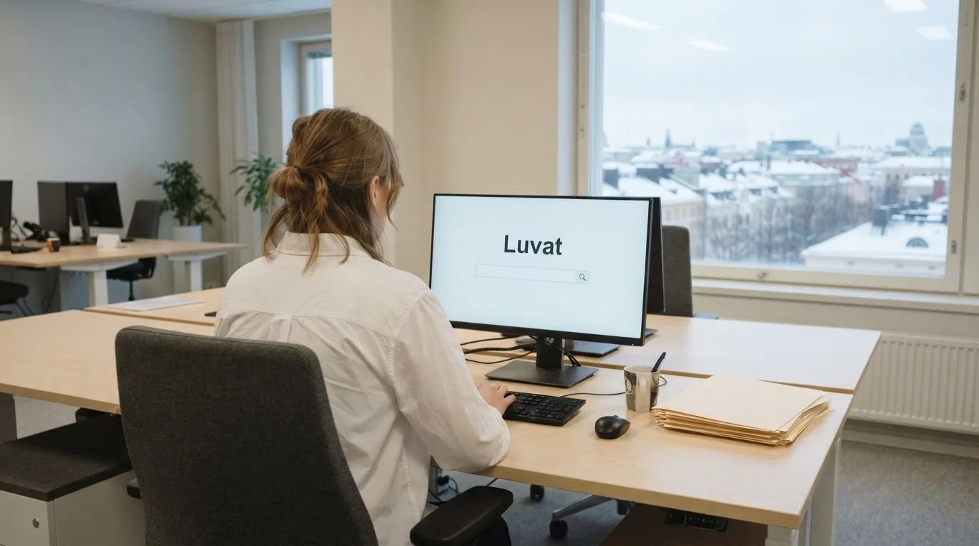 Virkailija istuu vaaleassa virastohuoneessa tietokoneen ääressä, ikkunasta näkyy talvinen kaupunkimaisema.